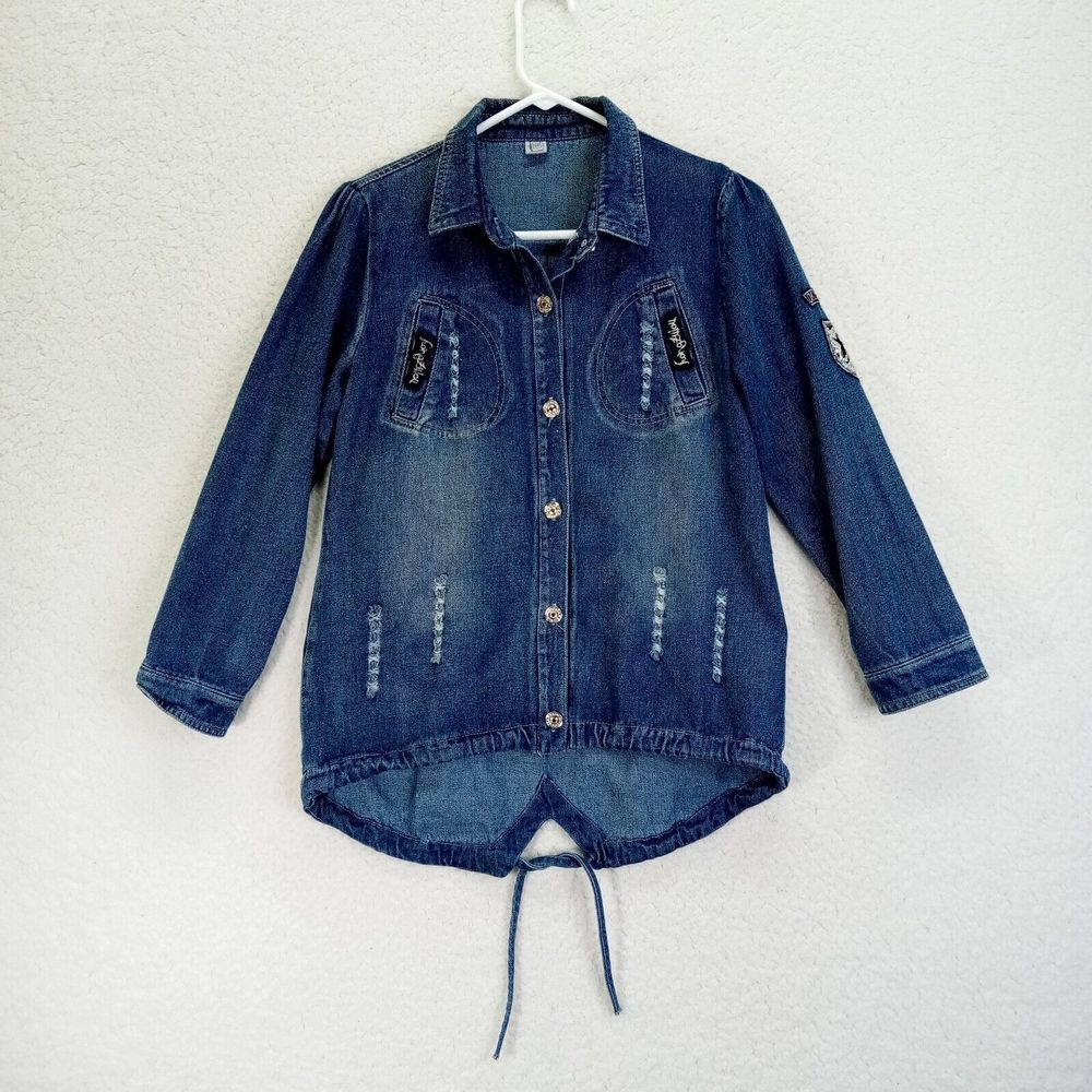 Boom Sequin Hi-Low Hem Denim Jacket Girls Sz 10-12 Blue Distressed - Picture 2 of 14